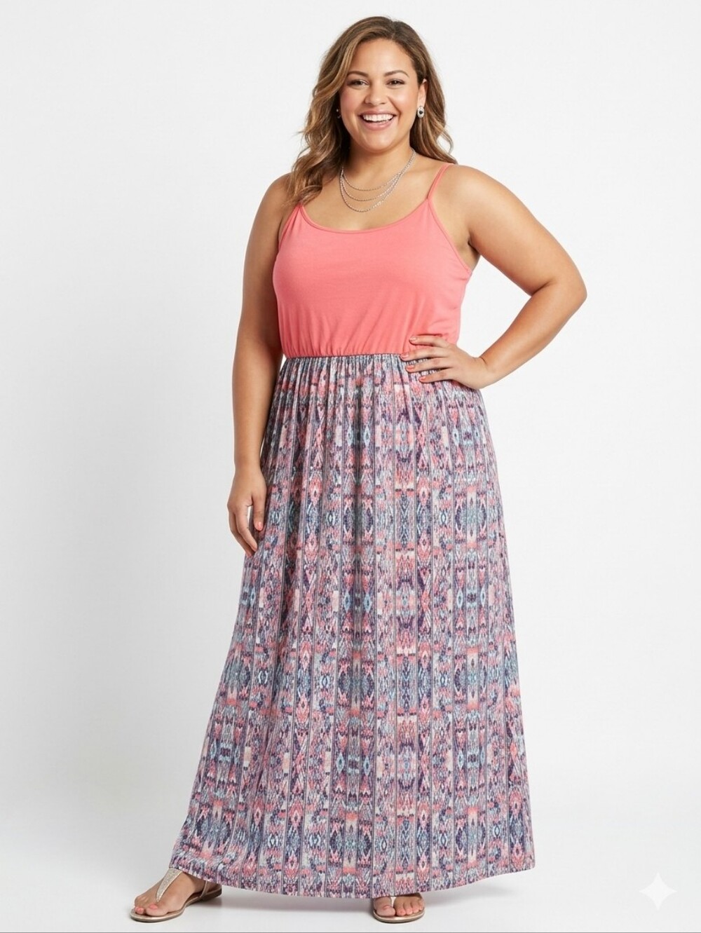 Just Be Plus Size Coral Pink Spaghetti-Strap Maxi with Printed Skirt